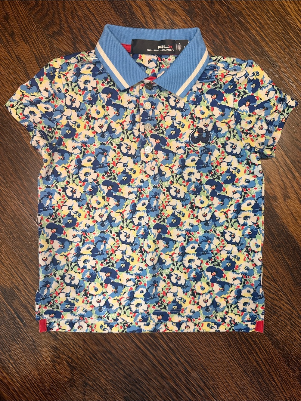 RLX Ralph Lauren Blue Floral Stretch Polo in Coastal Petals w/ Light Blue Collar